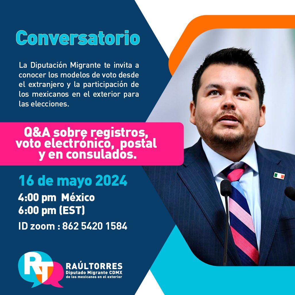 ¡Chilang@s en el exterior! 

La Diputación Migrante te invita a nuestro conversatorio vía Zoom para hablar de los modelos de voto desde el extranjero y la participación de l@s mexican@s en las elecciones.

#VotaPAN
#DiputacionMigrante
#ElCambioViene
#DiputadoMigrante