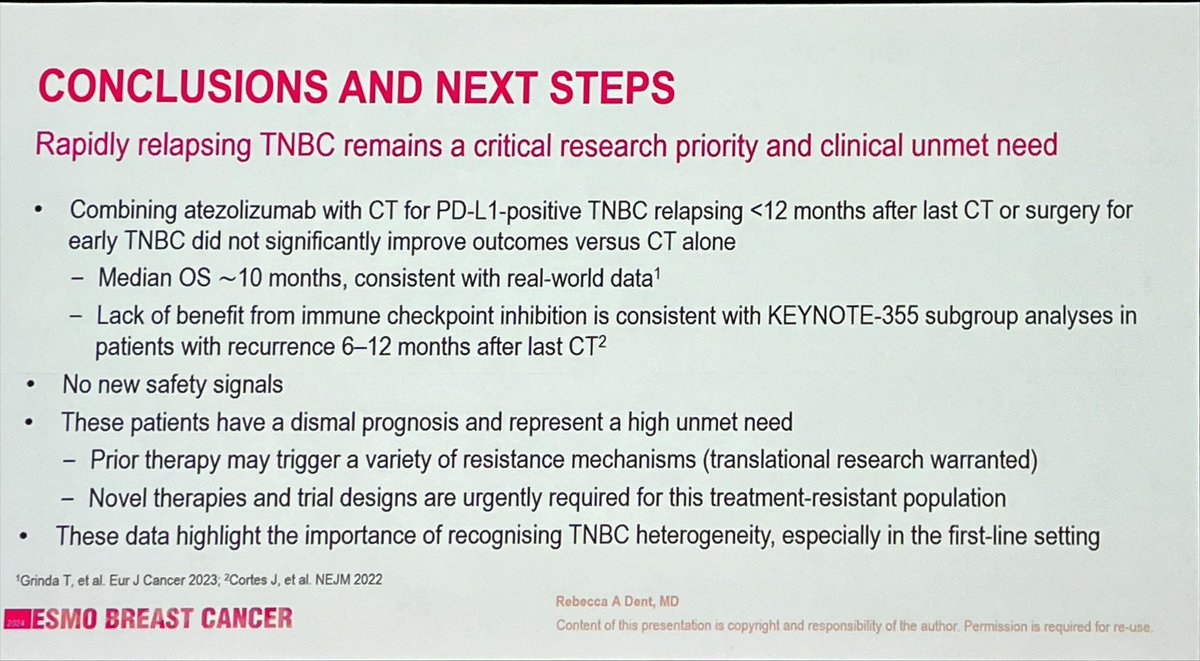 Negative results of Impassion132 of the addition of atezolizumab to chemotherapy in early relapse TNBC presented by @RebeccaDSing . So much still needed for this population. #ESMOBreast24 #ESMOAmbassadors