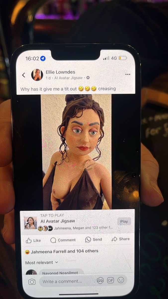 my mate behind the bar at me locals done a fucking AI thing on her photo that turns her into a character from Wallace and Gromit and its lobbed a tit out for her HAHAHAHAHA