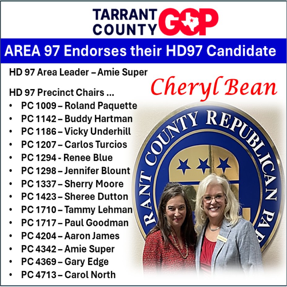 We have TCGOP Area Leaders…100%
HD97 Precinct Chairs (PC)…78% (28 out of 36)
PLUS, 132 Other Area Precinct Chairs (PC)
This image was put together early in my campaign.
#Texas97th #txlege #MakeTheTexasHouseRepublicanAgain #securetheborder #SendCherylToTheCapitol #HD97RunOff