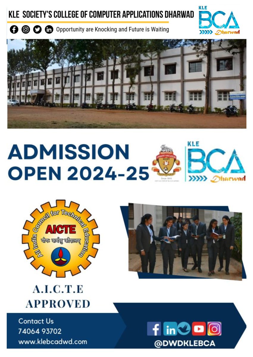 Your journey to success begins here and now
Admission now open for 2024-25. 🚀 
#KLEBCADharwad
#AdmissionsOpen
#BCAAdmissions
#TechnologyEducation 
#FutureReady 
#InnovateWithKLE 
#EmpowermentThroughEducation 
#DreamBig 
#CareerGoals 
#SuccessStories 
#BrightFuture
#klesociety