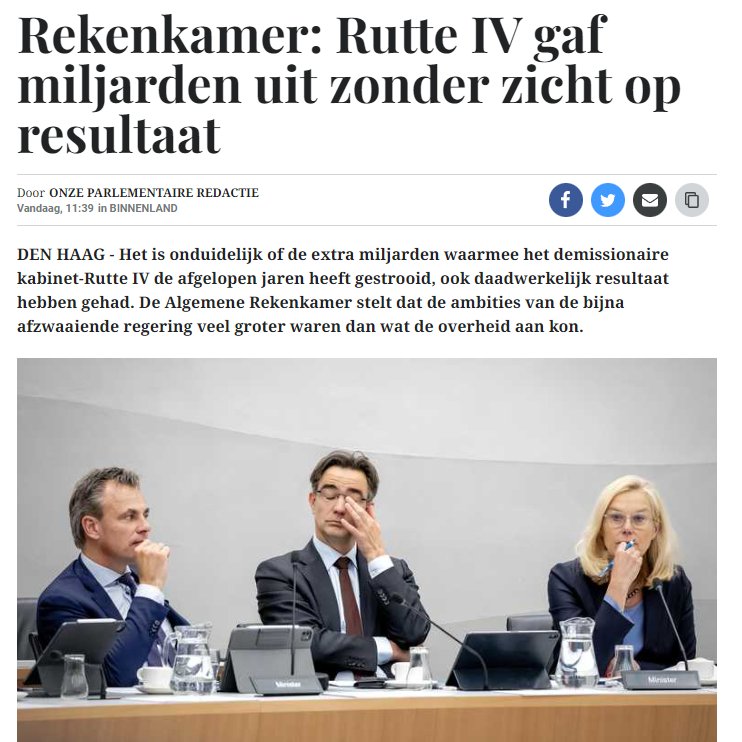 Volgens een vandaag verschenen rapport van de Rekenkamer gaf kabinet #Rutte4 miljarden euro's uit aan onhaalbare ambitieuze beleidsplannen. Weggegooid geld dus!

En een strop voor het nieuwe #kabinet dat deze zooi nu mag gaan oplossen!