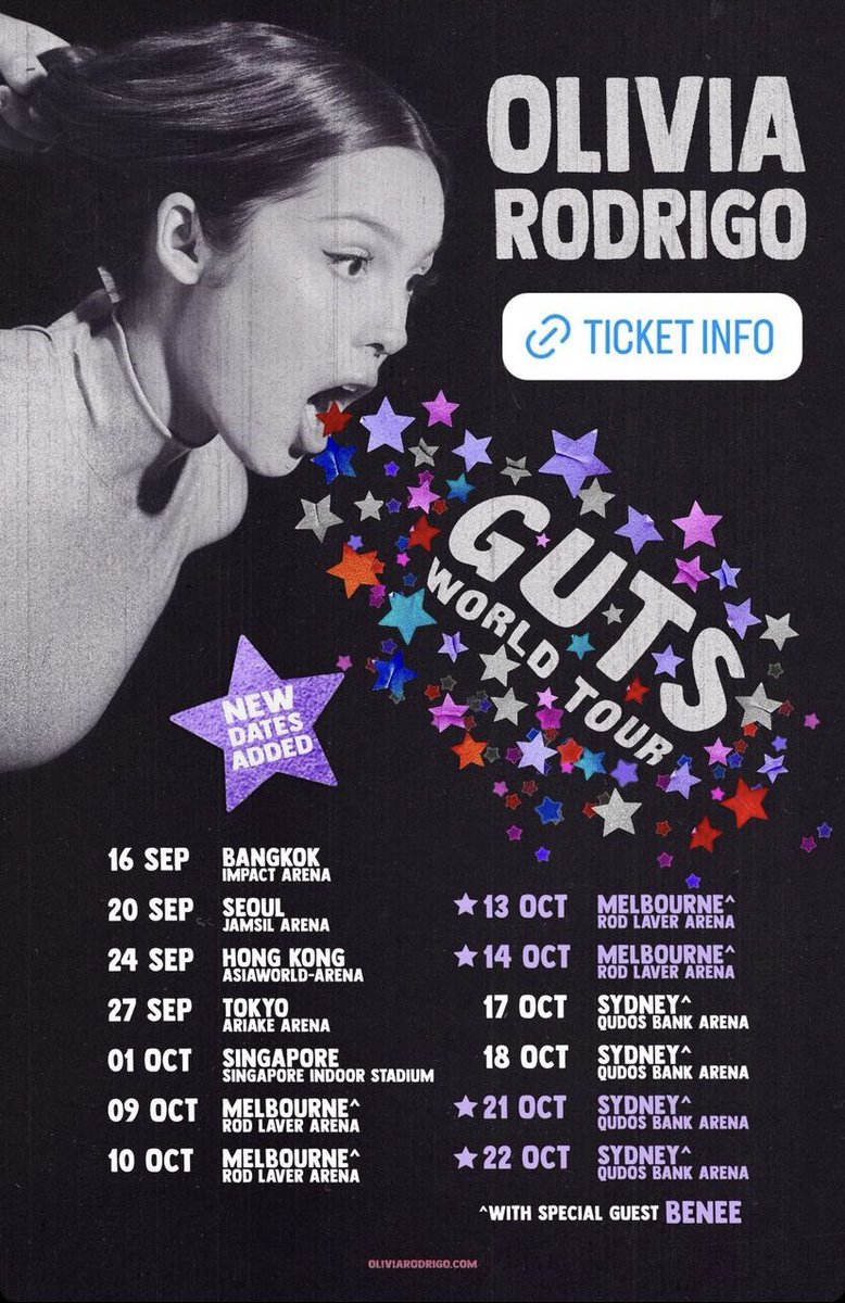 #GUTSWorldTour  | Se añadió nuevas fechas 🎫

Bangkok : 16 sep
Seoul : 20 Sep
hong kong: 24sep
Tokyo: 27 sep
Singapore: 01 oct
Melbourne: 09 oct
Melbourne: 10pct 
Melbourne: 13 oct
Melbourne: 14oct 
Sydney: 17 de oct
Sydney: 18 de oct
Sydney: 21 de oct
Sydney: 22 de oct