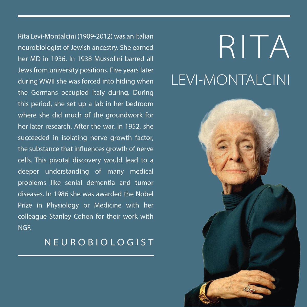 Introducing Rita Levi-Montalcini this #WomeninSTEMWednesday Thanks Dr. Campbell for making these fantastic info cards!'#neurobiology