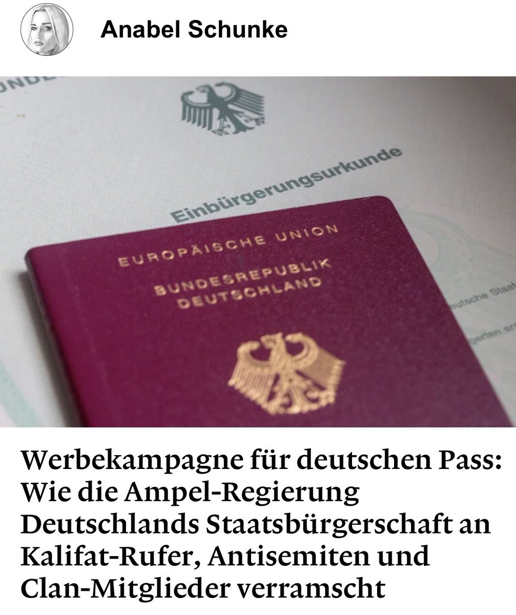 Und weil hier alles so gut in Sachen Migration läuft, plant die Bundesregierung zur Einführung der neuen Turbo-Einbürgerung am 27.06. gleich eine Werbekampagne für den deutschen Pass 🤡 „Die Werbeaktion belegt vor allem, dass all das Gerede um strengere Kontrollen bei der…