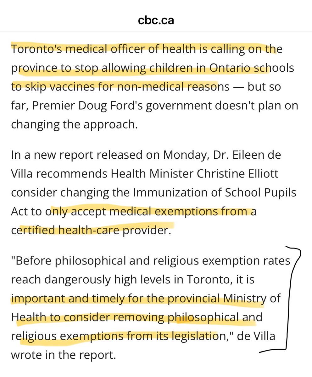With the resignation of Toronto’s Chief Medical Officer, a reminder that a few months prior to the C19 pandemic she tried to get the province to strip religious & philosophical exemptions for *all* childhood vaccines. Thankfully the province fought back. cbc.ca/amp/1.5285012