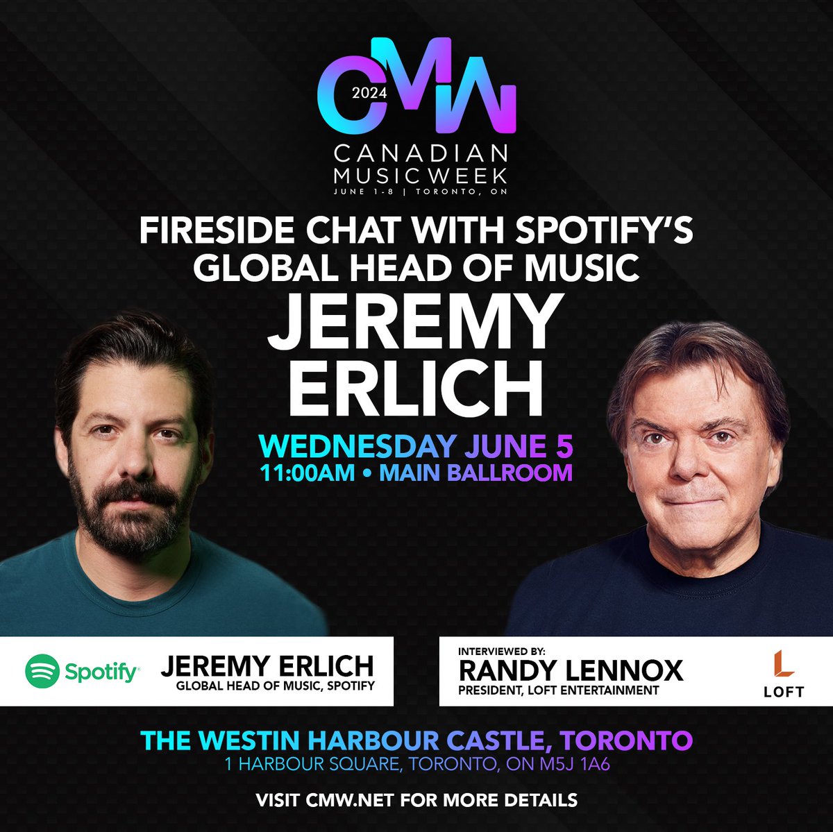 Join us for a Fireside Chat featuring Jeremy Erlich, Spotify’s Global Head of Music, at 11am on June 5th at the Westin Harbour Castle. Led by industry luminary Randy Lennox. Register for CMW today! bit.ly/4cZwpAE #cmw2024 #canandianmusicweek #Spotify