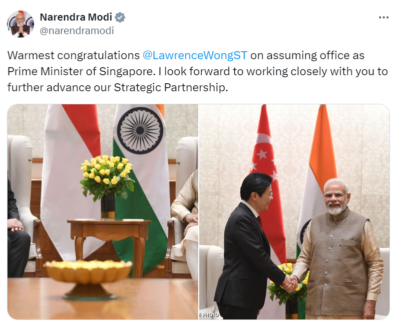 'Warmest congratulations @LawrenceWongST on assuming office as Prime Minister of Singapore. I look forward to working closely with you to further advance our Strategic Partnership,' posts PM Modi (@narendramodi).