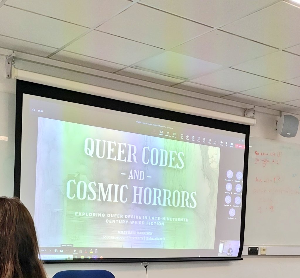 saralread's tweet photo. Just as Milly introduces her paper on cosmic horrors comes an exquisitely timed thunder clap 🌩️ @MillyKateH @lboroenglish 👏 https://t.co/liW4P9ETGz