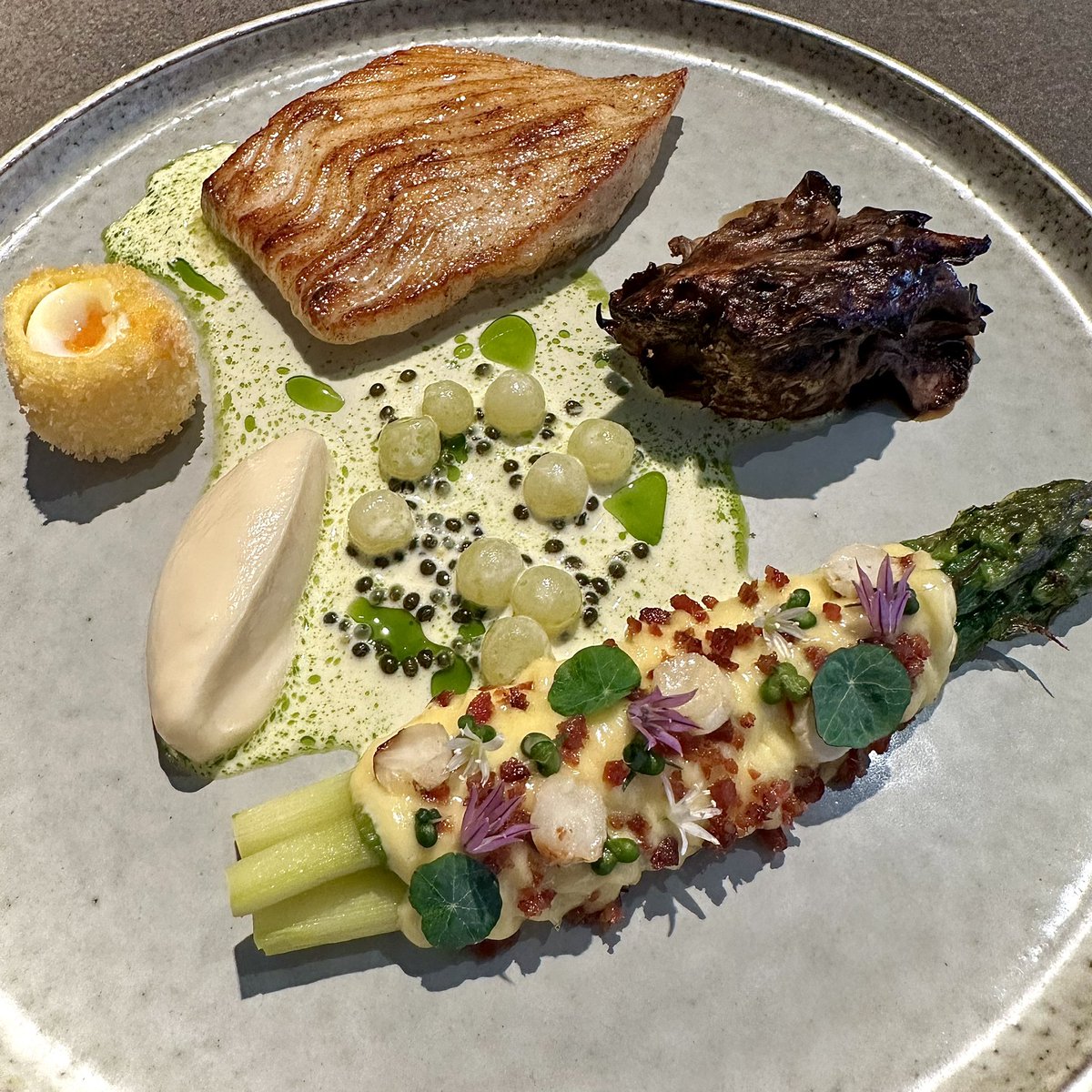 TURBOT | CLAREMONT FARM ASPARAGUS | CELERIAC | BACON | HEN OF THE WOODS | CAVIAR