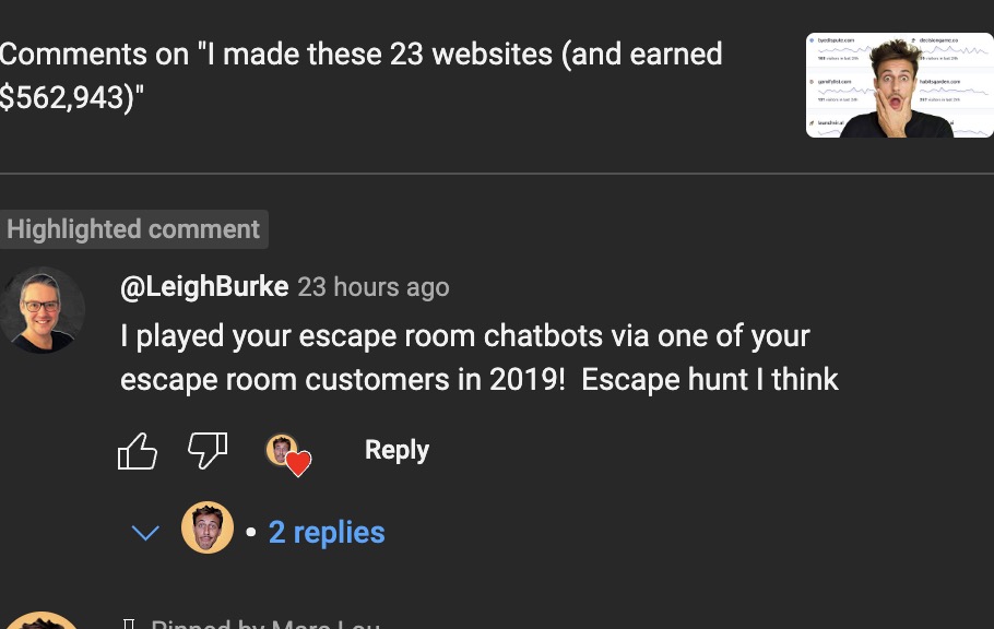 I grew a SaaS to $4,000 MRR in 2018.

It was a gamified marketing tool for escape rooms businesses.

6 years later, a customer of my customers found my YouTube video breaking down the SaaS, and left this comment 🥹