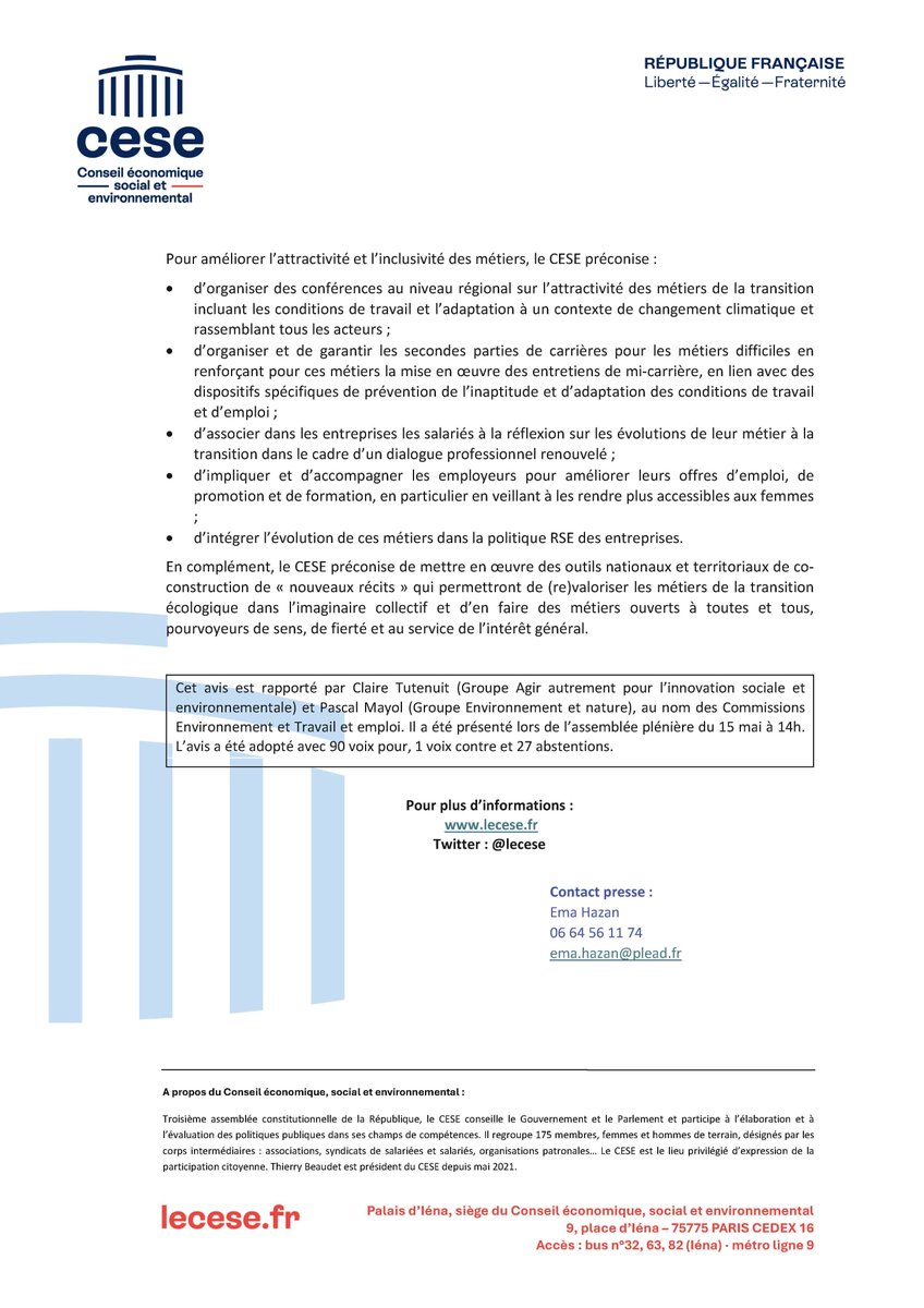 COMMUNIQUE DE PRESSE 🗞️ Planification écologique : le #CESE appelle à la mobilisation générale des acteurs du travail et de l’emploi En savoir plus sur l'avis 👉lecese.fr/actualites/mob…