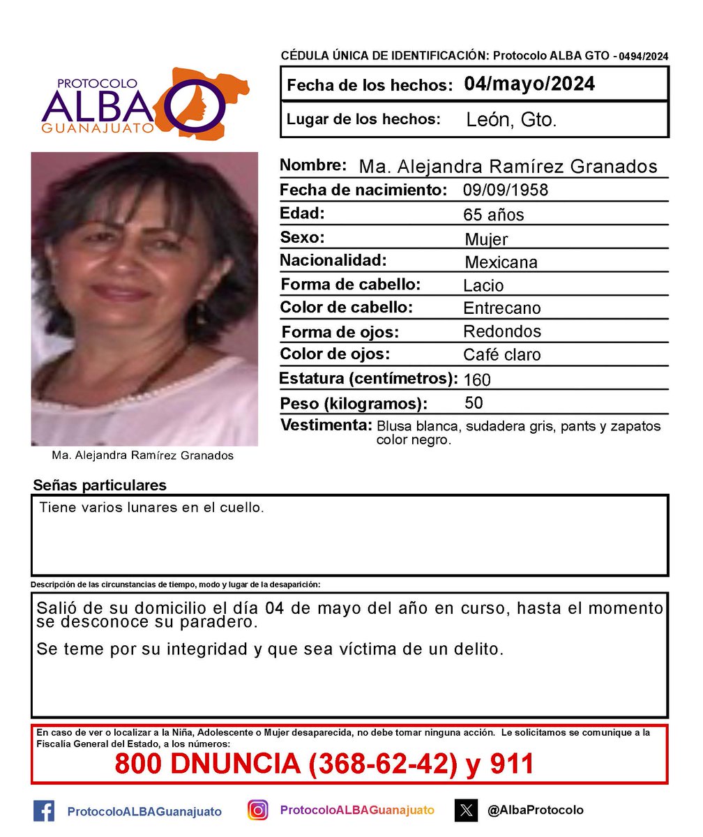 JLMNoticias's tweet photo. #RT Favor de compartir.

La señora María Alejandra Ramírez Granados se encuentra desaparecida. Fue visa por última vez el pasado 4 de mayo, en León, Guanajuato. #TeBuscamos 
@municipio_leon @AleGutierrez_mx @jorgelona1
@Seguridad_Leon @Busqueda_MX @BusquedaGto @FGEGUANAJUATO @MujeresDesapMx @plataformagto