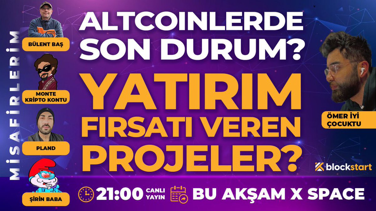 Canlar hazır piyasa nefes almışken akşam üstadlarla güzel bi space yapalım. Merak ettiğiniz sorular olursa 21'de bekleriz🙏🏻💙 @Bulent_Bas_ @MonteKriptoKont @cryptododo7 @smurfypappa