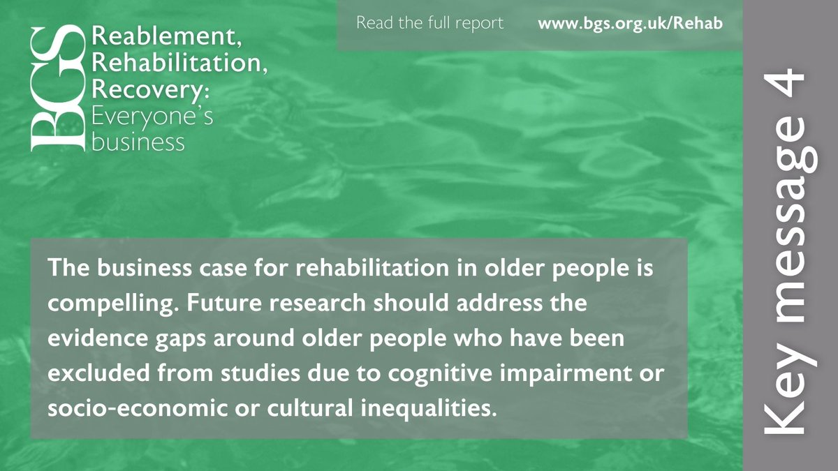 The business case for rehabilitation in older people is compelling. Future research should address the evidence gaps around older people who have been excluded from studies due to cognitive impairment or socio-economic or cultural inequalities. bgs.org.uk/rehab #BGSRehab