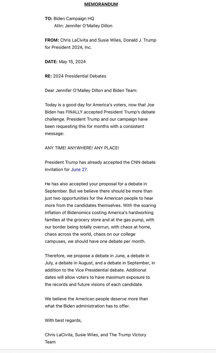 More news: Trump campaign responds. “Today is a good day for America’s voters, now that Joe Biden has FINALLY accepted President Trump’s debate challenge….we propose a debate in June, a debate in July, a debate in August, and a debate in September”