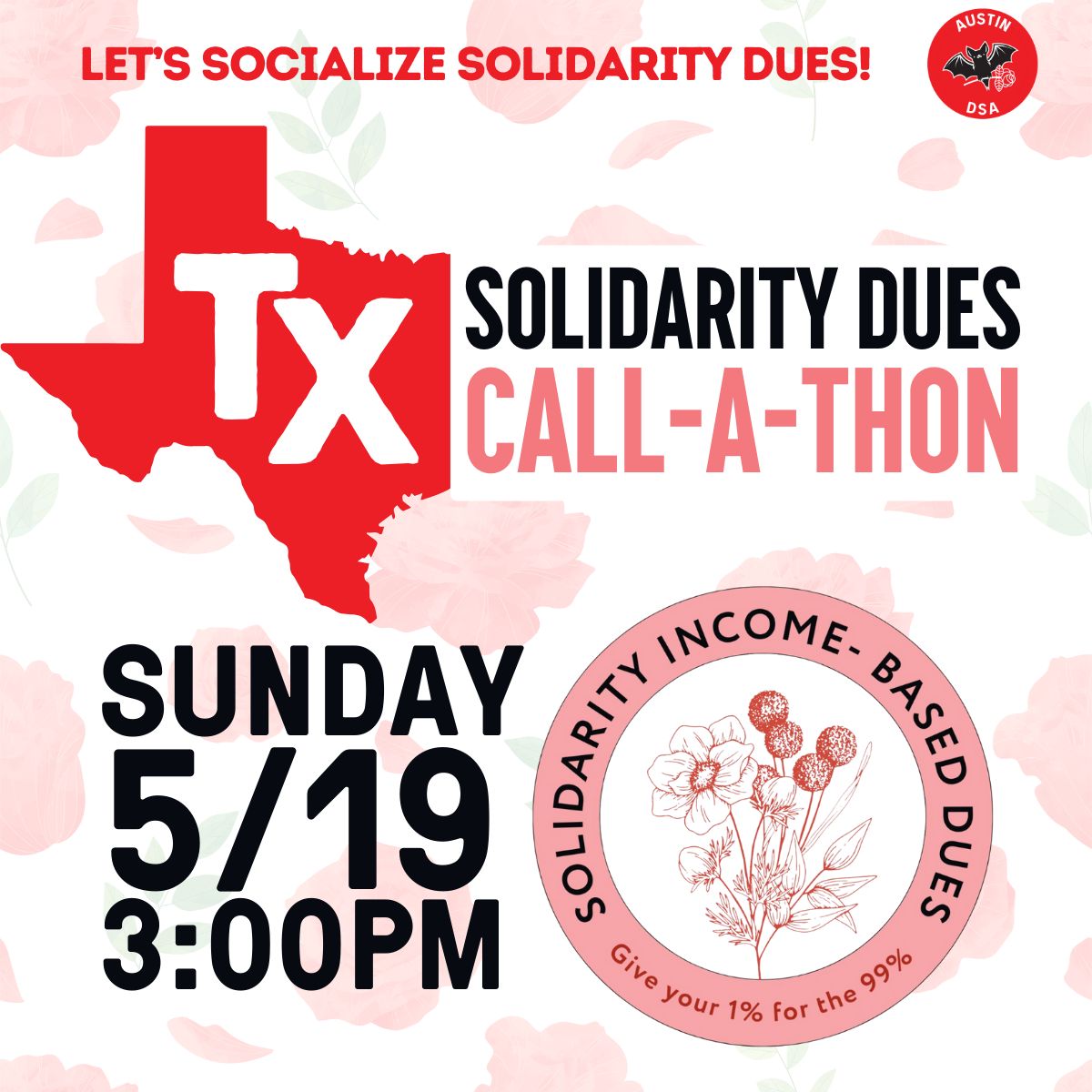 Let's socialize Solidarity Dues! Our chapter is helping organize a Texas Solidarity Dues Phonebank on 5/19. We'll be calling members to ask them to contribute 1% of their income to DSA as Solidarity Dues. RSVP: buff.ly/44GW0dA