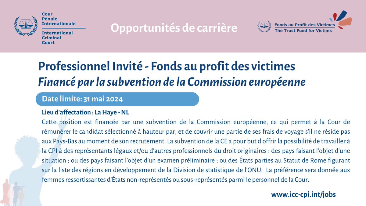 📢 Opportunité de carrière au Fonds au profit des victimes de la CPI ! 🎯 Poste disponible : Professionnel invité - Ce poste est financé par la Commission européenne 🇪🇺 🗓 Date limite : 31 mai 2024. En savoir plus sur le poste dans ce lien : career5.successfactors.eu/sfcareer/jobre…