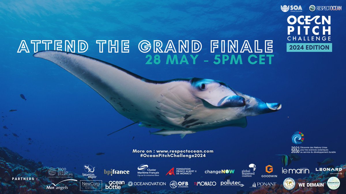 🌊Vous êtes engagés dans la préservation de nos océans? 

🐳La Grande Finale de l'Ocean Pitch Challenge 2024 approche à grands pas !

🗓️Le 28 mai 2024, de 17h00 à 19h30 en ligne !

👉S'inscrire: helloasso.com/associations/r…