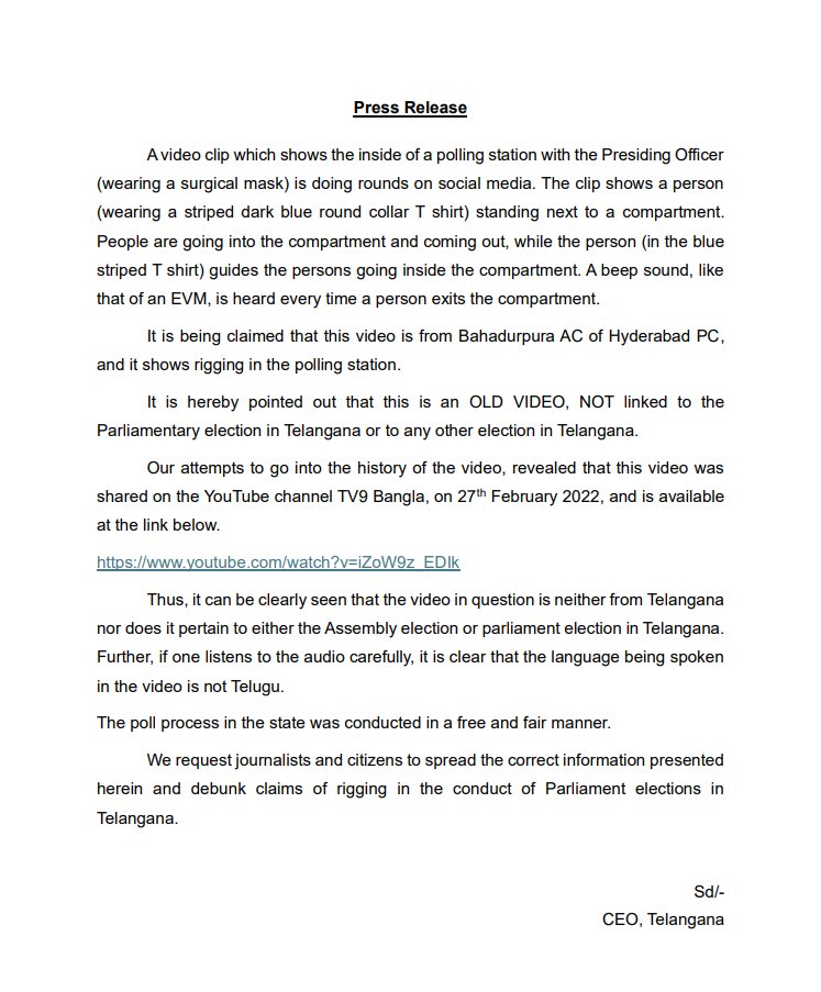 An OLD video purportedly depicting rigging during Parliament elections in Telangana is being circulated on WhatsApp. The video is NOT from Telangana. For more facts, please go through the press note - CEO Telangana