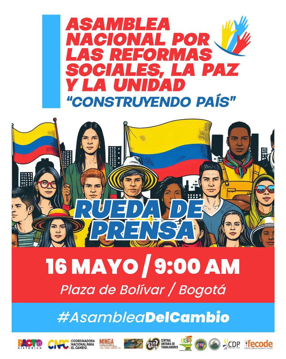 #RuedaDePrensa El PDA como parte del Pacto Histórico, estará presente en la primera Asamblea Nacional las reformas sociales, la Paz y la Unidad, que se realizará los próximos 31 de mayo y 1 de junio y reunirá miles de mujeres, campesinos y campesinas, jóvenes, estudiantes,