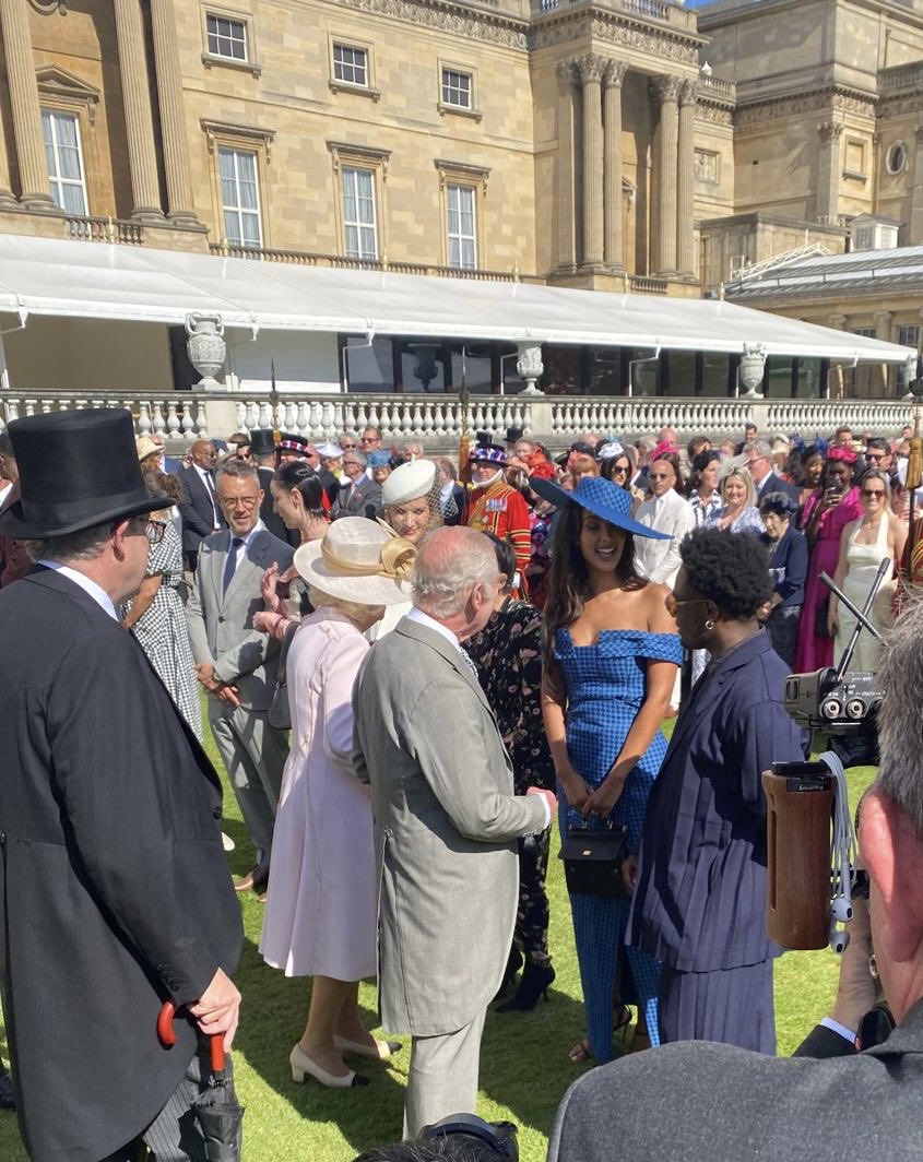 The King and Queen mingle with guests at the first Buckingham Palace garden party for the creative industries. Some 4,00 guests from the worlds of arts, fashion & media are there enjoying the spring sunshine inc Kate Moss, Lenny Henry, Tracey Emin & Ridley Scott