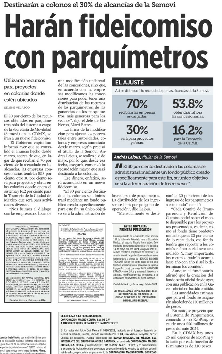 A partir de ya, colonias donde hay parquímetros recibirán 30% d los recursos generados pa obras d conservación y mejora en movilidad e infraestructura.
Lo q era ya en espíritu hoy se plasma en Ley. Le reconocemos a S. <a href="/andreslajous/">Andrés Lajous</a> la voluntad en cumplir con esta petición vecinal