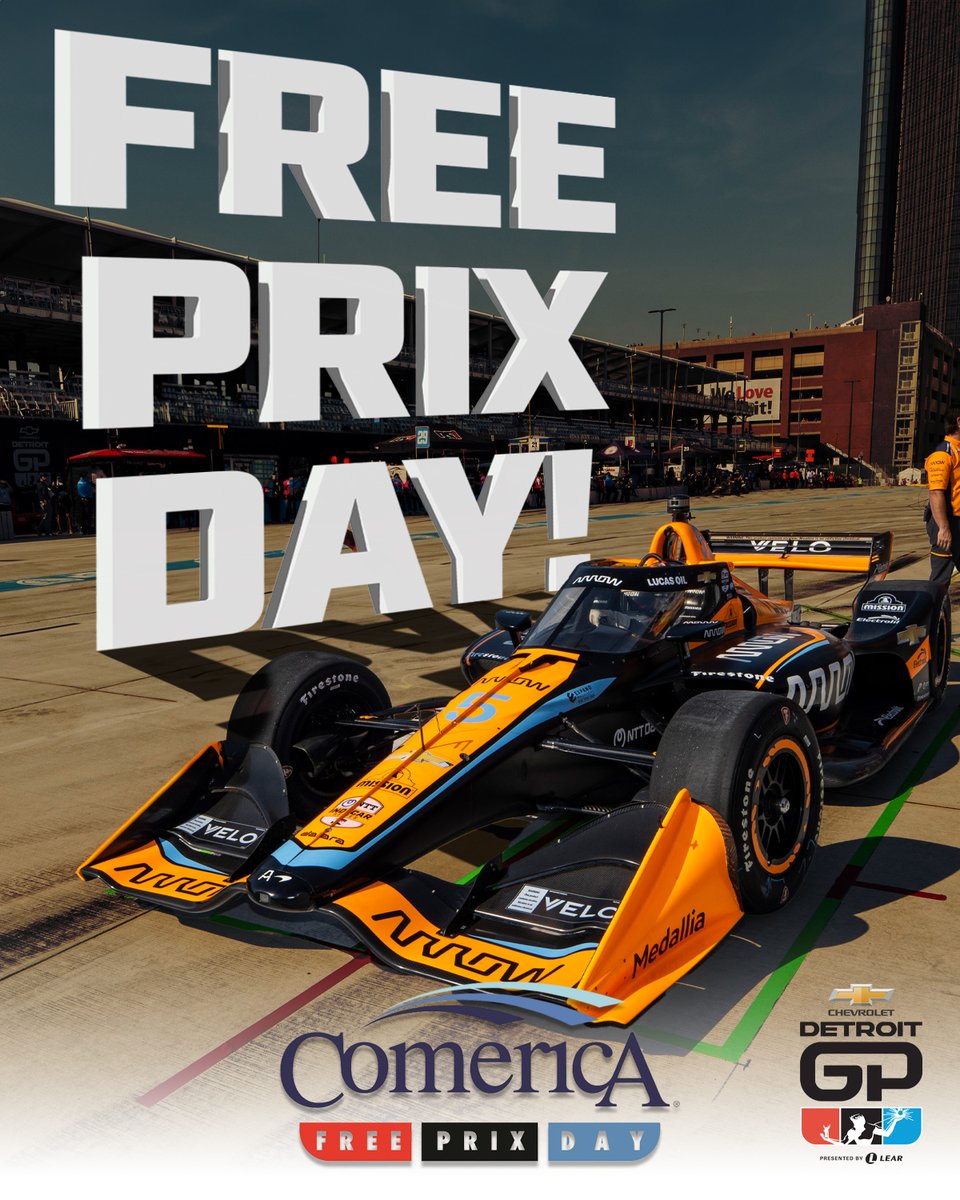 Comerica Free Prix Day is back 2024! Friday, May 31st enjoy FREE general admission seating in Grandstands 1 & 9. Seating is first-come, first-seated. Don't miss out!

@ComericaBank @chevrolet 
#DetroitGP // #ComericaFreePrixDay // #WeDriveDetroit