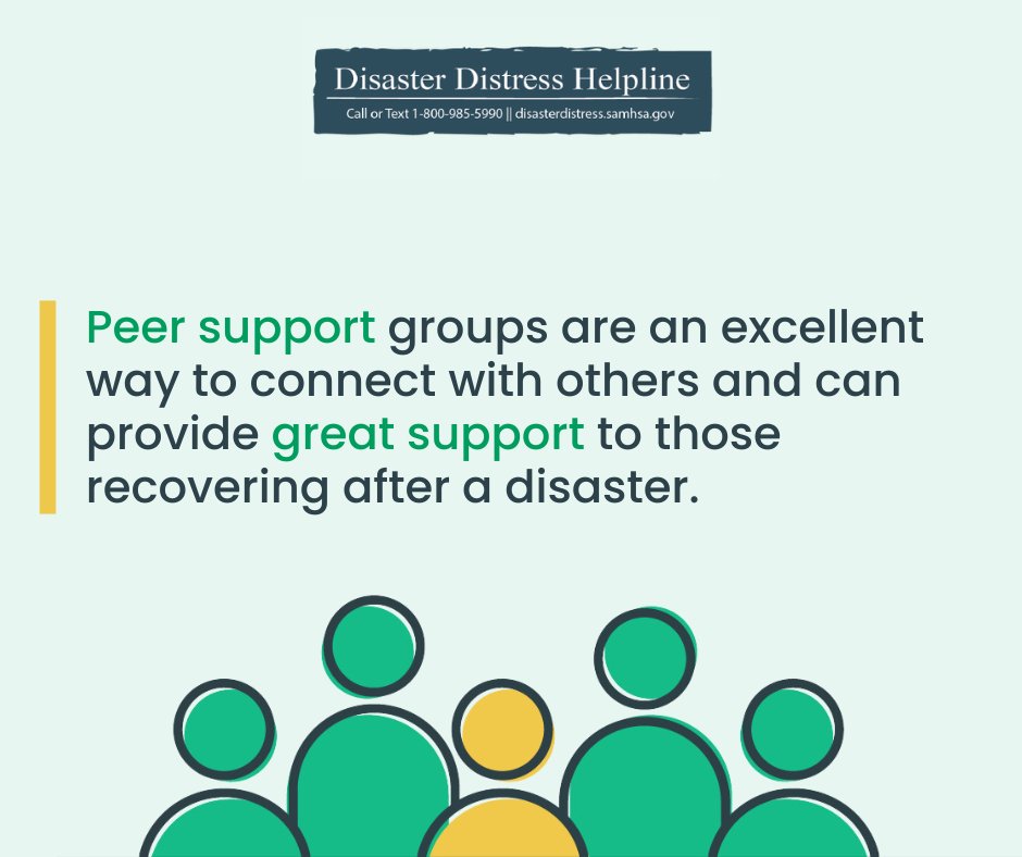 Connect with others and find support in #PeerSupport groups. If you're recovering after a disaster, reach out to the Disaster Distress Helpline at 1-800-985-5990 for help from a trained crisis counselor. bit.ly/3xNBtoh #MHAM