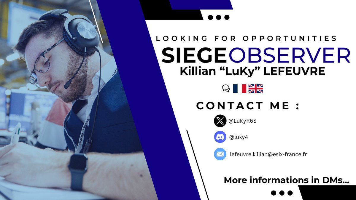 Hello there Twitter !

I am currently looking for job opportunities as a Siege Observer.  🎥🎮

On set for now 4⃣ years, I am always looking for new opportunities to bring my experience to your broadcast team. 🎬
1/3

RT appreciated ❤️