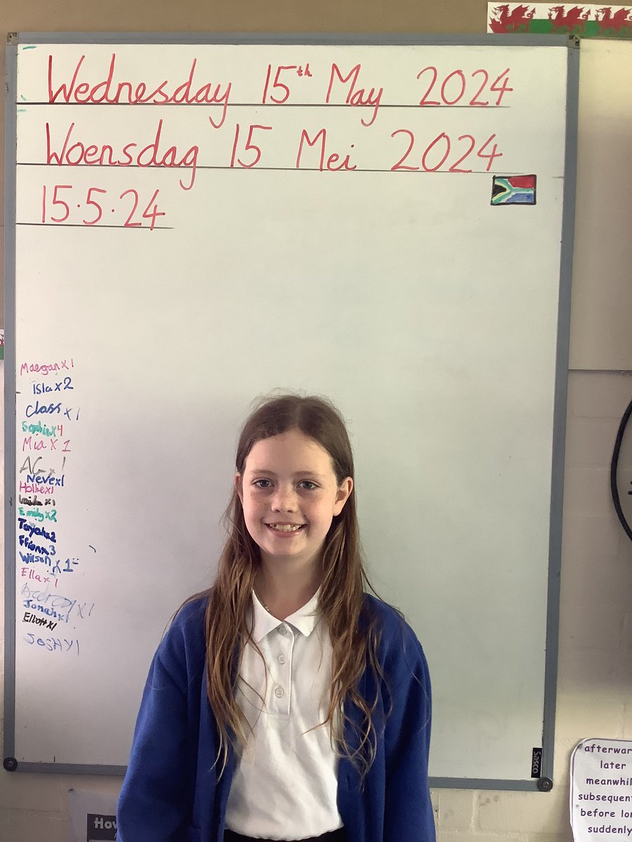 LlanFach2025's tweet photo. Mia decided to give us a taste of her home country of South Africa by speaking and teaching Afrikaans. We even changed the date. Dankie, Mia https://t.co/nqbweX2ci5