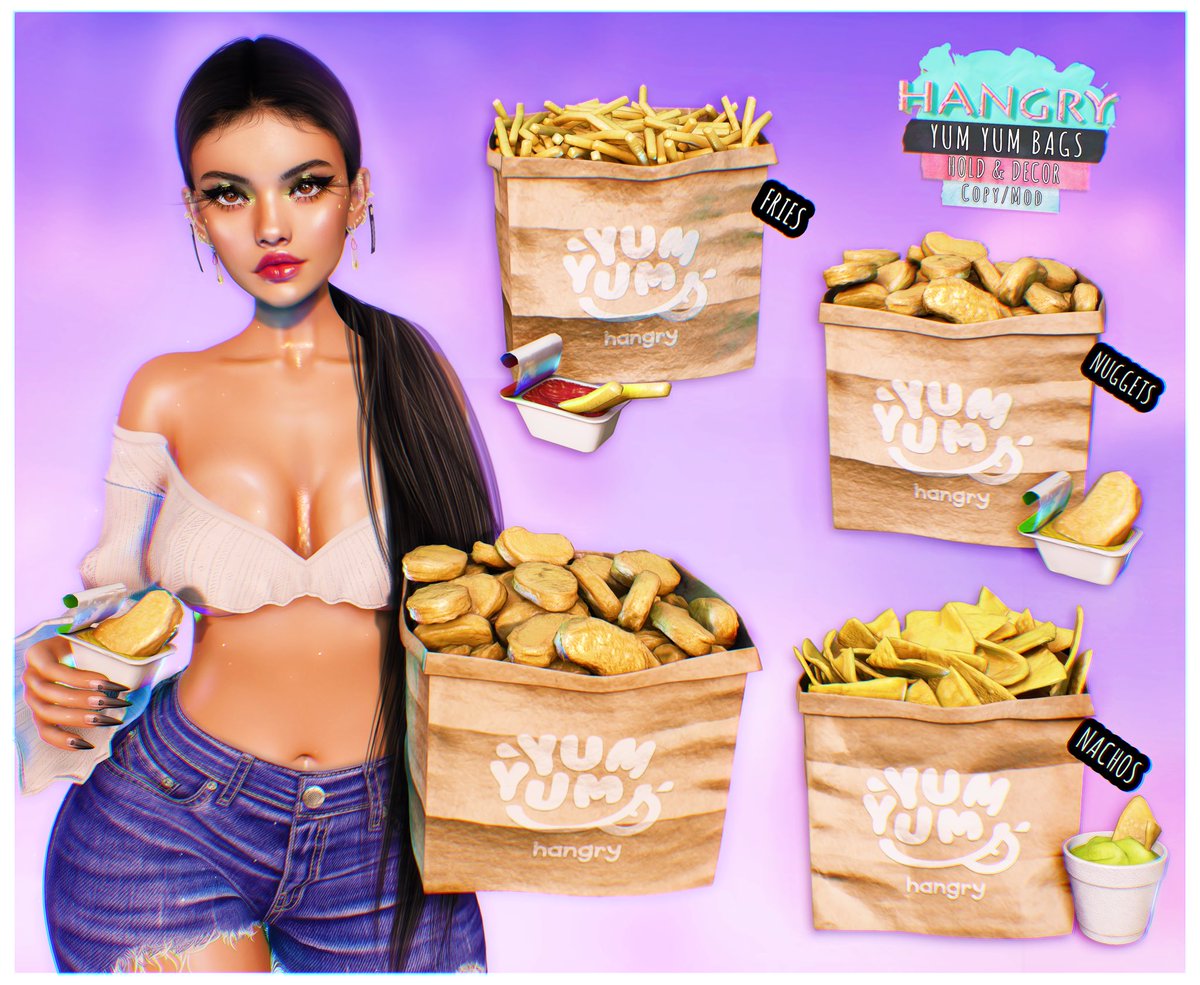 hangry_sl's tweet image. Hangry // Yum Yum bags

▷ Copy / Mod
▷ Hold &amp;amp; Decor
▷ ▷ Fries, nuggets &amp;amp; nacho bag // each sold separately

▷ Now at Kustom9!
▷▷ K9: maps.secondlife.com/secondlife/kus…
#hangry #kustom9.