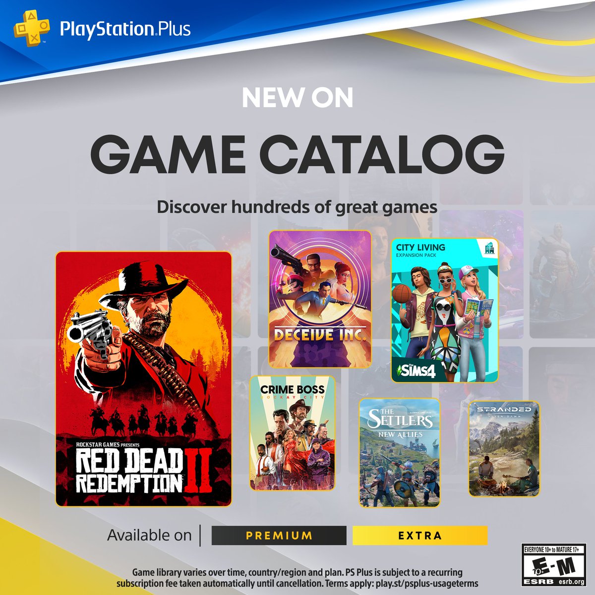 The PlayStation Plus Game Catalog for May includes:

🏜️ Red Dead Redemption 2
🕵️ Deceive Inc.
😺 Cat Quest I &amp; II
📱 Watch Dogs

…and more. The full lineup: play.st/4bH4nIH
