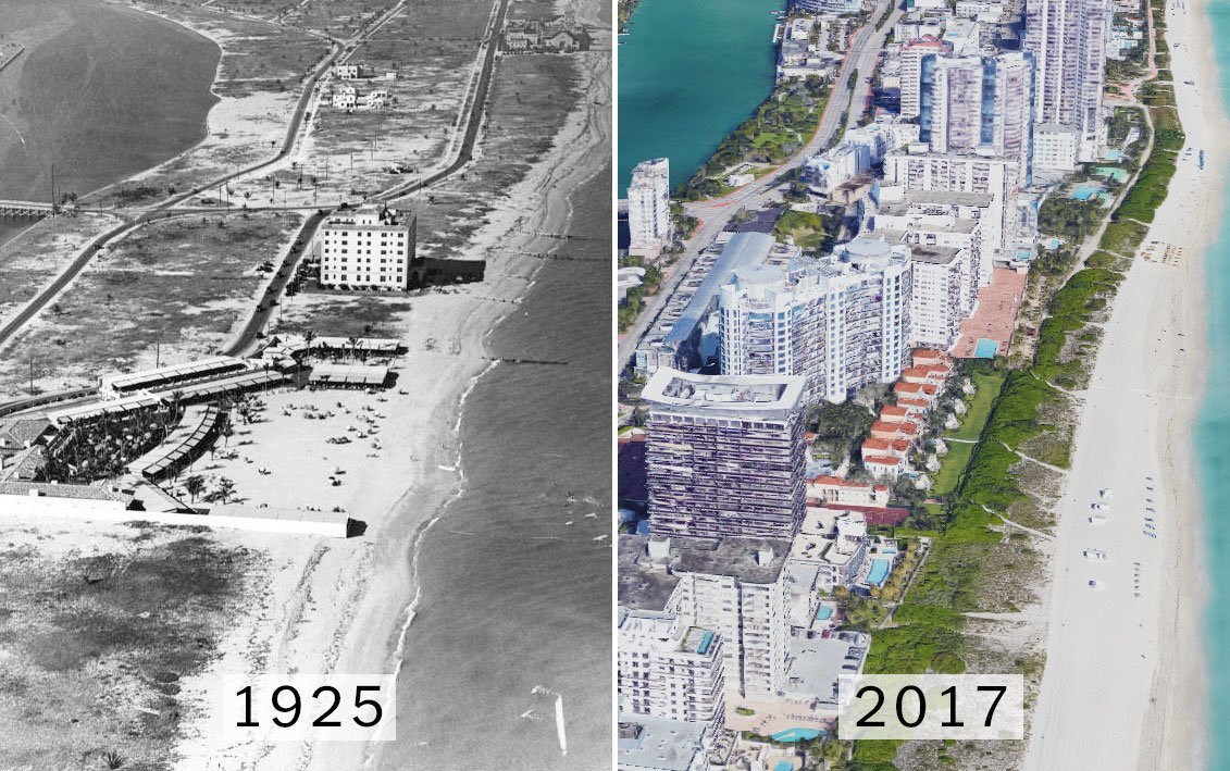 Take a close look at the two photographs below. The image on the left is of Miami Beach, Florida taken in 1925. The image on the right shows approximately the same shot from Google Earth imagery in 2017. What do you notice about the two photos? Right, a lot more buildings in the