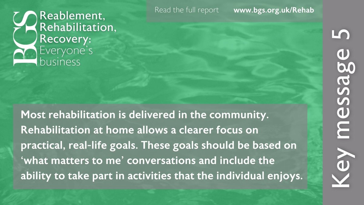 Most #rehabilitation is delivered in the community.   Rehabilitation at home allows a clearer focus on practical, real-life goals.  These goals should be based on ‘what matters to me’ conversations and include activities the individual enjoys. bgs.org.uk/rehab #BGSRehab