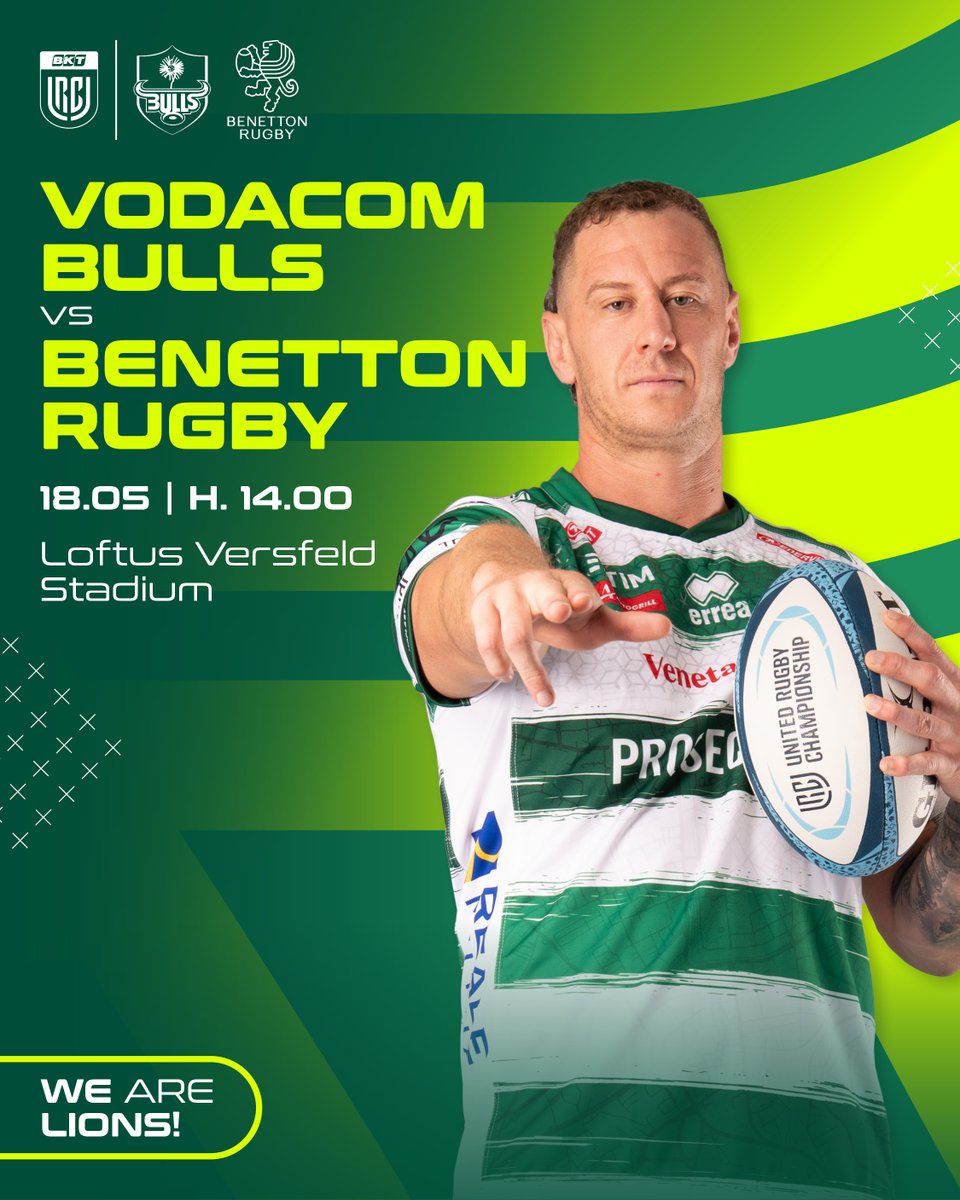 Tra due giorni i #leoni vivranno la seconda delle due gare della tournée in Sudafrica! 🏉 @BlueBullsRugby 🆚​ #BenettonRugby 🏆 Round 17 @URCOfficial 📅​ 18.05.2024 🏟️ Loftus Versfeld Stadium ⌚️ 14:00 🇮🇹 📱 #BULvBEN 🖥️ @SkySport Arena #WeAreLions #gameday #BKTURC