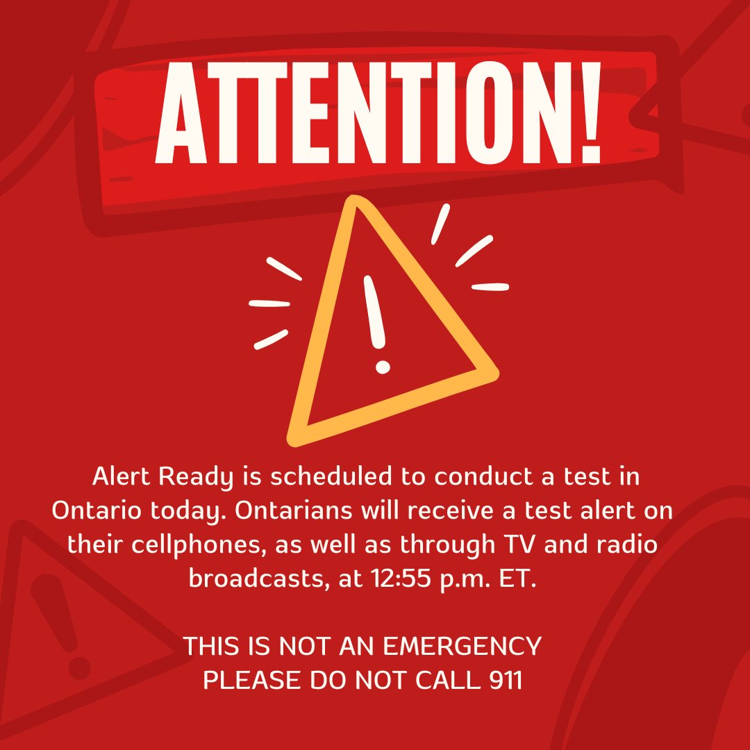 Today, May 15, 2024, a routine test of the Alert Ready emergency alerting system will occur in Ontario. The test message will be distributed over TV, radio and compatible wireless devices It will occur at 12:55 p.m. EDT. 🚨Visit alertready.ca for more information.