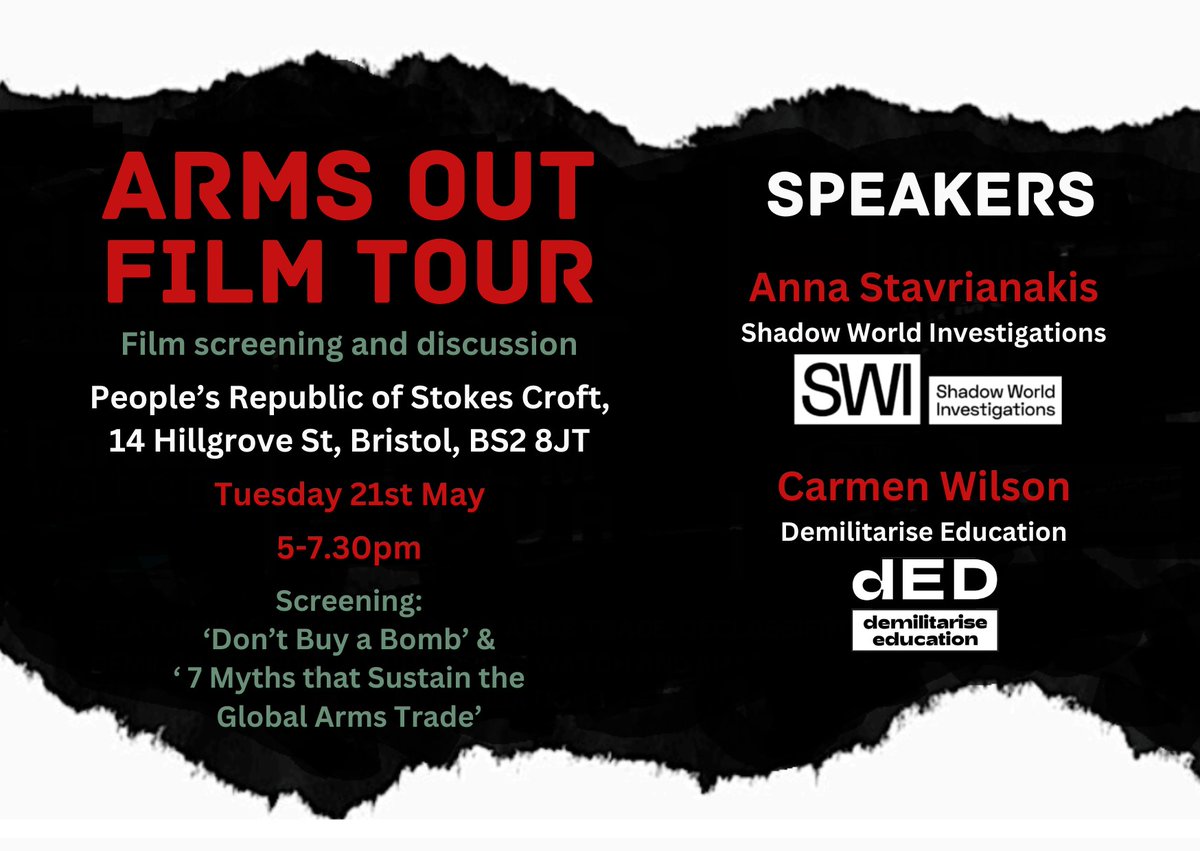 Bristol ppl: next Tuesday, free screening of the brilliant films 'Don't Buy a Bomb' and '7 Myths That Sustain the Global Arms Trade' Plus discussion with @StavrianakisA and @dED_ucation 5pm at PRSC, 35 Jamaica Street, BS2 8JP Follow on FB for updates: facebook.com/events/1112399…