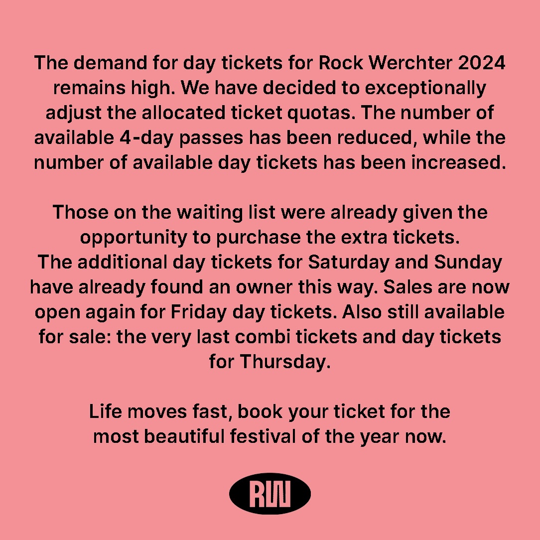 ❗️TICKET UPDATE❗️

Sales are now open again for Friday day tickets. Also still available for sale: the very last combi tickets and day tickets for Thursday.

🎫 Being fast is key, get your ticket now via bit.ly/4dAioJN
