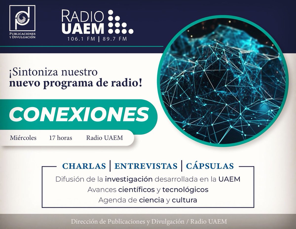 Nuevo programa en @radiouaem, escucha 'Conexiones' hoy a las 17 horas por las frecuencias 106.1 en Cuernavaca y Jojutla, y 89.7 en Cuautla | Consulta la programación en radio.uaem.mx | #SomosRadioPúblicaUniversitaria #UAEM