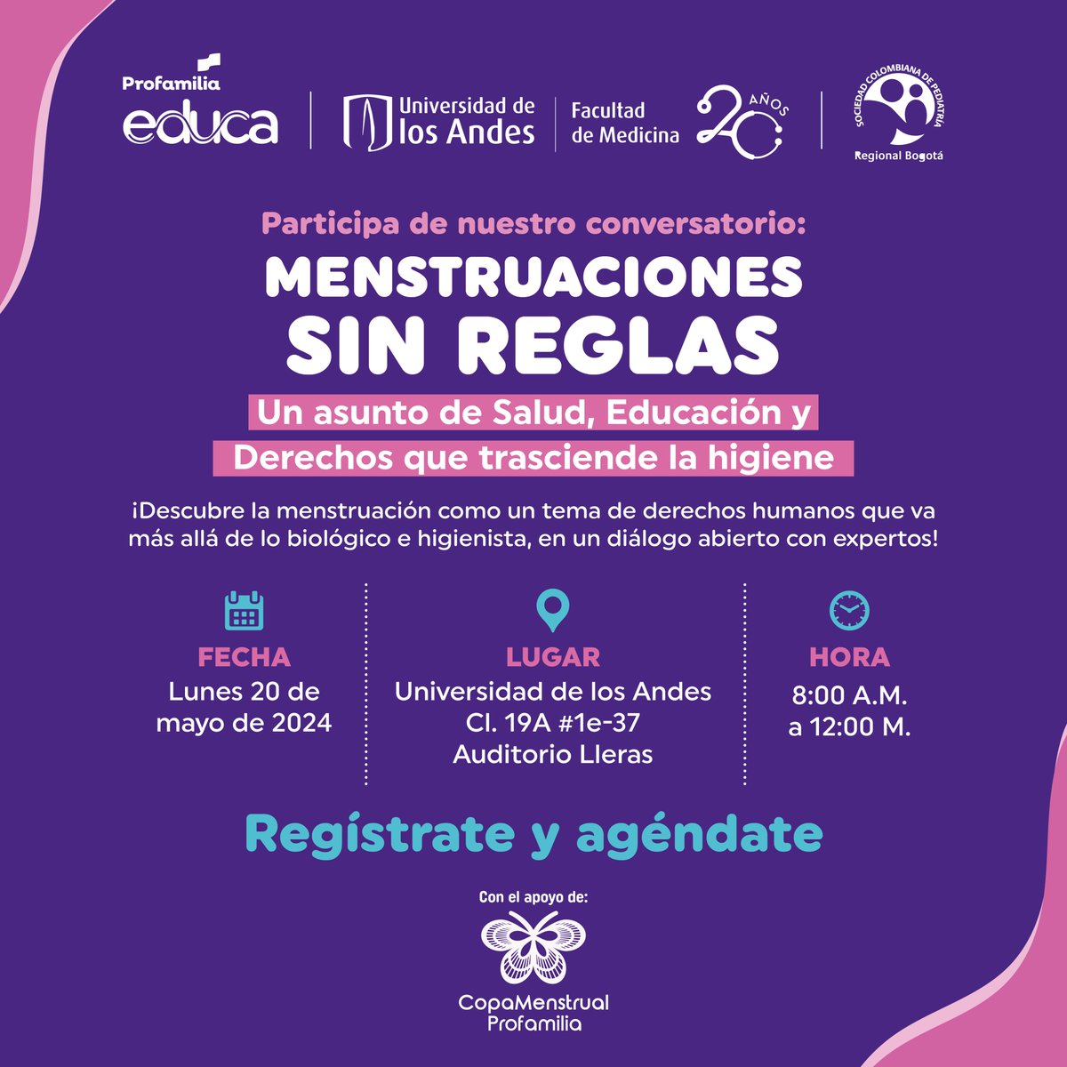 💜Únete a nuestro conversatorio sobre educación menstrual 💜 Estaremos el próximo lunes 20 de mayo en la @Uniandes en el Auditorio Lleras, para un fascinante conversatorio sobre: 'Menstruaciones Sin Reglas: Un asunto de Salud, Educación, y Derechos que trasciende la higiene'.