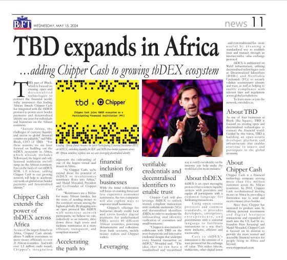 Look ma, we made the news! Thanks <a href="/bftghana/">Business & Financial Times</a> for featuring #tbDEX and our announcement with <a href="/chippercashapp/">Chipper Cash</a>. Read all about it 👉 thebftonline.com/2024/05/15/tbd…