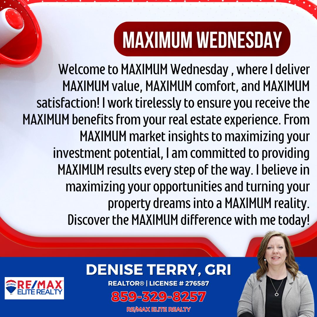 Denise Terry, GRI | REALTOR®, BROKER (@deniseterry94) on Twitter photo Looking for a MAXIMUM experience in real estate? Whether buying or selling, I can help! Call me today!
#RealEstate #NoHiddenFees #HiddenFREES #REMax #REMaxEliteRealty #MaximumWednesday #Bluegrassrealtors #playingtowin <a href="/vaughtsviews/">Vaughts' Views</a> Looking for a MAXIMUM experience in real estate? Whether buying or selling, I can help! Call me today!
#RealEstate #NoHiddenFees #HiddenFREES #REMax #REMaxEliteRealty #MaximumWednesday #Bluegrassrealtors #playingtowin <a href="/vaughtsviews/">Vaughts' Views</a>