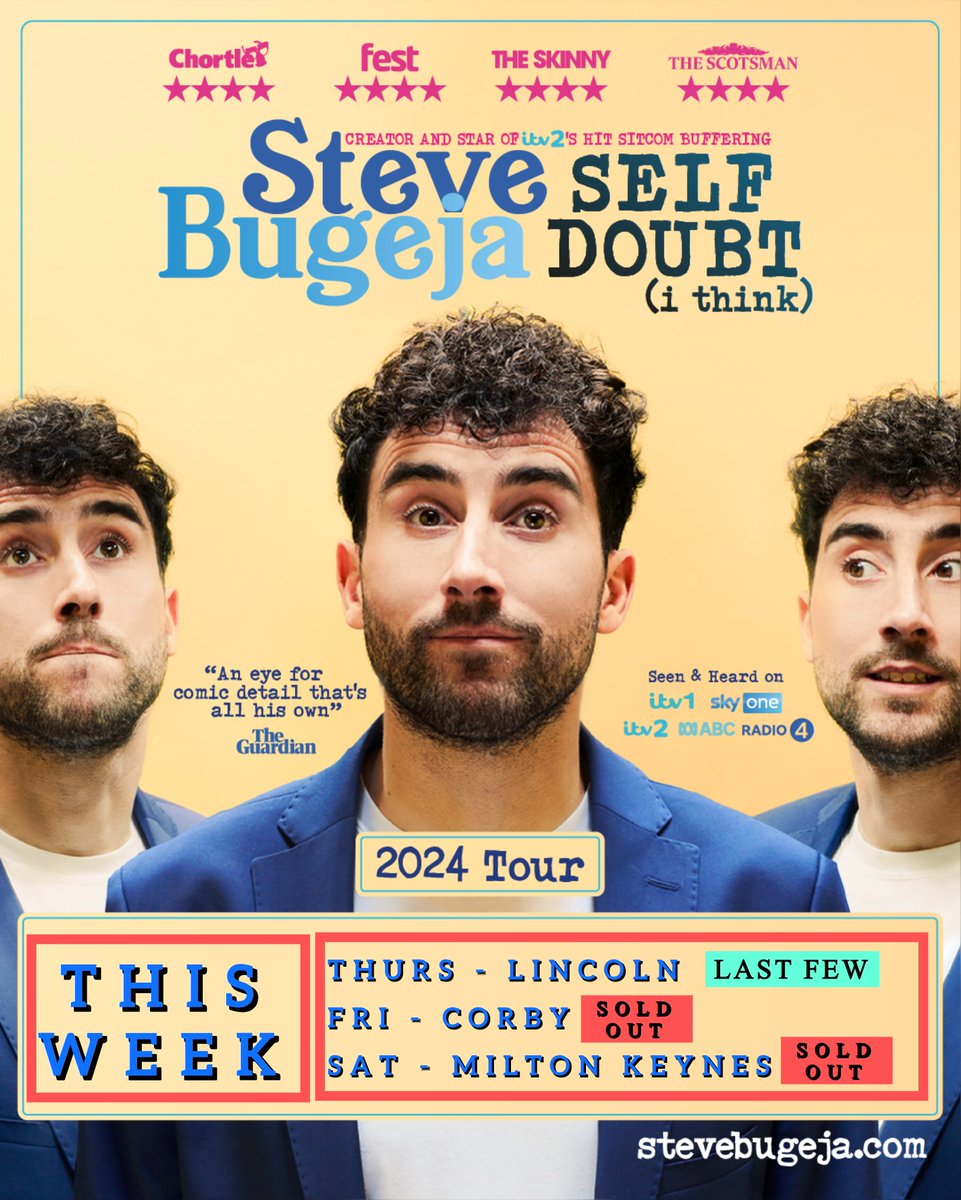 My tour kicks off tomorrow in Lincoln where there’s some tickets left. Corby and Milton Keynes are SOLD OUT. All the dates and tickets can be found here … stevebugeja.com/live Excited to get back out there ☺️☺️