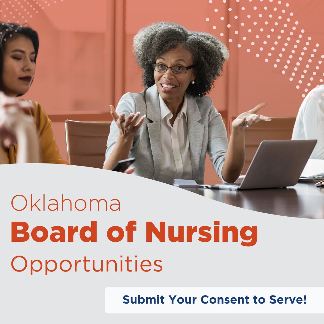 ONA is seeking candidates to be considered for appointment by the Governor to The Oklahoma Board of Nursing for a 5 year term. The opening is for the appointment of one RN.

Consent to serves or due no later than May 31, 2024!

Learn more: bit.ly/44ts7xo