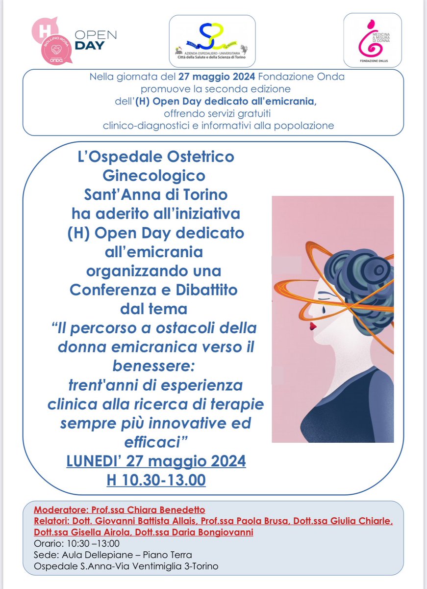 L’Ospedale Sant’Anna ha aderito all’iniziativa (H) Open Day dedicato all’emicrania. Conferenza e Dibattito Il percorso a ostacoli della donna emicranica verso il benessere: 30 anni di esperienza clinica alla ricerca di terapie innovative ed efficaci 27 maggio 2024 h.10.30-13