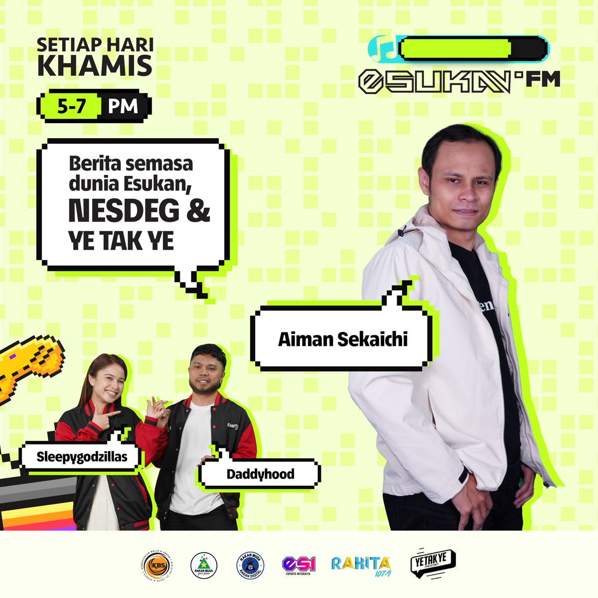 Macam biasa guys, petang khamis ada esukanfm! Kali ni @Daddyhood___ , @SleepyGodzillas & tetamu istimewa @aiman_sekaiichi nak ajak korang lepak okay, jom jom tune in! 🎮👀 ⏰ Khamis | 5pm-7pm 📻 Rakita 107.9 | Strim rakita.my | App SYOK esukanfm dibawakan oleh