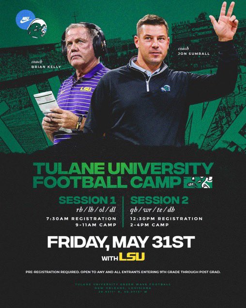 Appreciate the camp invite from @ColeHeard_GM and @GreenWaveFB! Can’t wait to get out this summer! @EvanMckissack @CoachJonSumrall @coachdroushar @CoachSchexTU @coachbhays @RecruitLamar