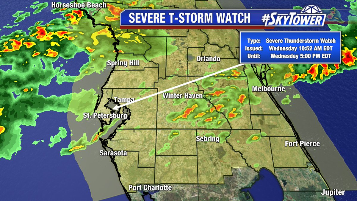 Rare to have two severe weather watches in the same day in pretty much the same spot, but here we go... Severe thunderstorm watch is up for central #Florida until 5pm. Main threat will be for damaing wind gusts up to 70 mph, scattered large hail, and perhaps a tornado or two.