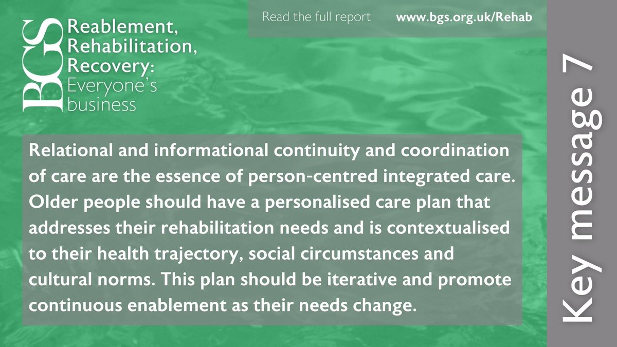 Relational & informational continuity & coordination of care are the essence of person-centred integrated care. Older people should have a care plan that addresses their rehab needs in context of their health, social, and cultural circumstances. bgs.org.uk/rehab #BGSRehab